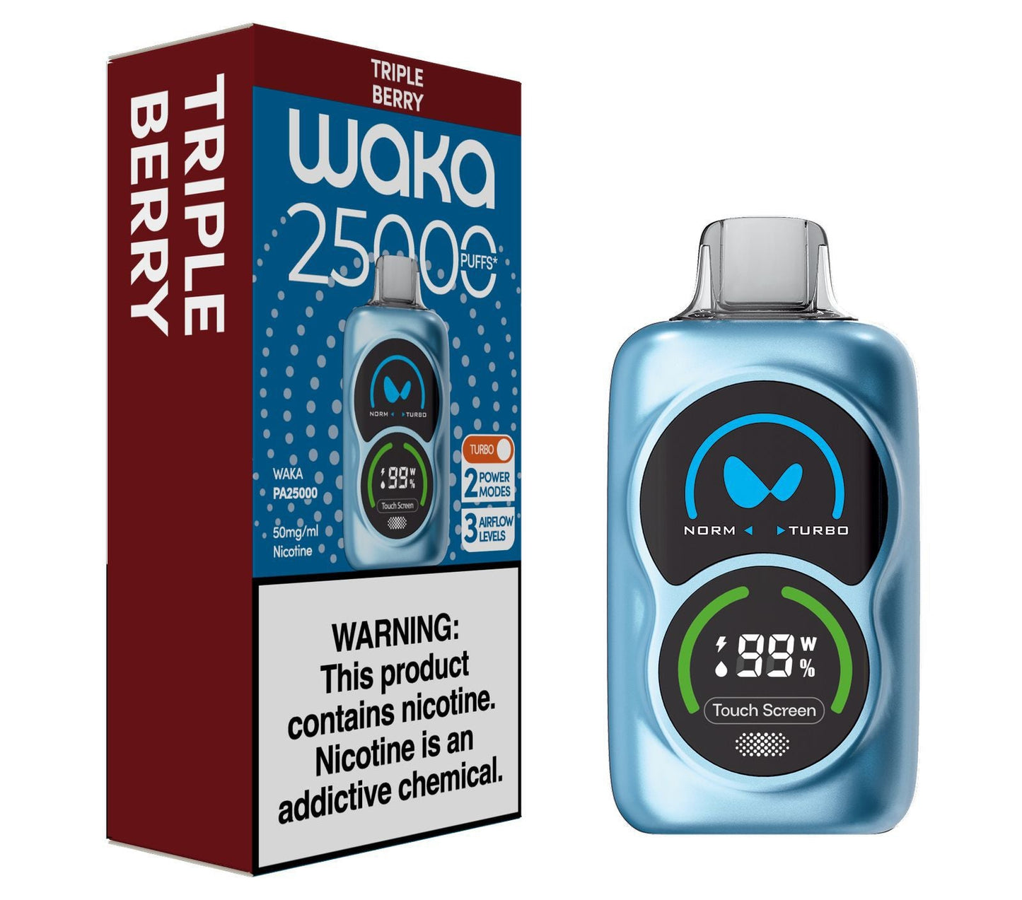 Waka PA25000 Puffs 50mg Disposable Vape with packaging box | Ultra High - Capacity Rechargeable Vape Pod in triple berry Flavor and white background