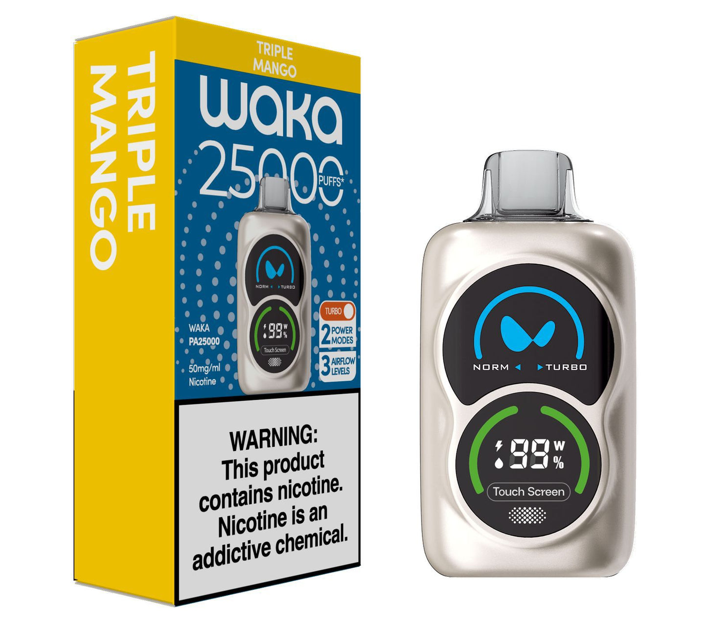 Waka PA25000 Puffs 50mg Disposable Vape with packaging box | Ultra High - Capacity Rechargeable Vape Pod in triple mango Flavor and white background