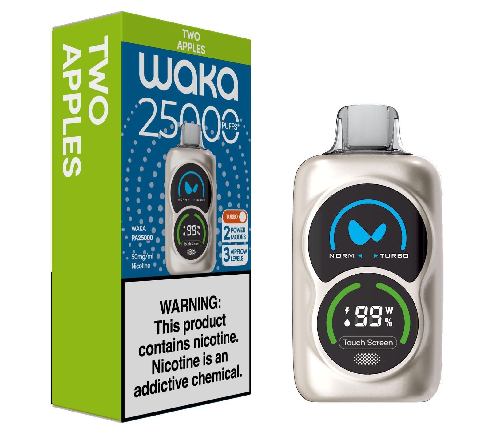 Waka PA25000 Puffs 50mg Disposable Vape with packaging box | Ultra High - Capacity Rechargeable Vape Pod in two apples Flavor and white background