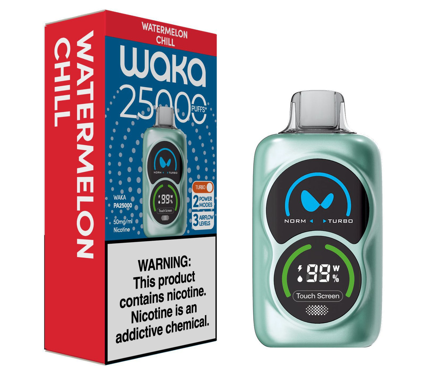 Waka PA25000 Puffs 50mg Disposable Vape with packaging box | Ultra High - Capacity Rechargeable Vape Pod in watermelon chill Flavor and white background