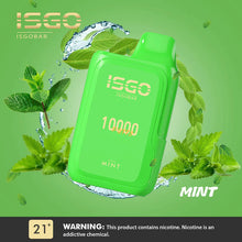 Load image into Gallery viewer, ISGO BAR 10000 Puffs - Experience the cool and refreshing flavor of Mint. Enjoy the invigorating sensation and elevate your vaping journey with this classic and timeless flavor.
