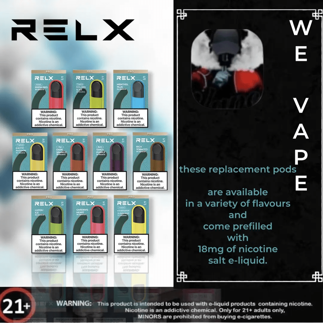 The vibrant and stylish appearance of Relx Flavored Pods: Elegant and eye-catching Relx Flavored Pods, adding a touch of sophistication to your vaping setup.